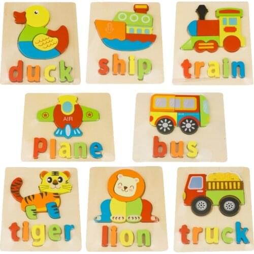 Baby Wooden Animal Jigsaw Vehical Matching Puzzle Word Spelling Sorting Board Shape Sorter Montessori Early Eductional Toys