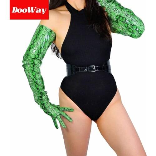 DooWay 2020 Fashion Super Long Leather Gloves for Women Oversized Loose Shoulder Length PU 35 Inches (Green Snakeskin)