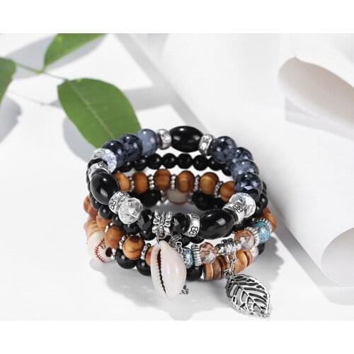 Ethnic boho multi-layer wood crystal beads statement wrap charm leaf shell pendant bracelets & bangles for women wedding gift