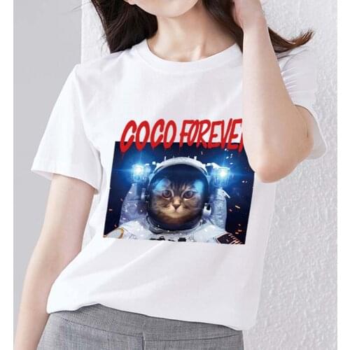 Summer Ladies Sweet Fashion Casual T-shirt Dream Space Aerospace Cat Printing Pattern Series Top O-neck Slim Comfortable Shirt