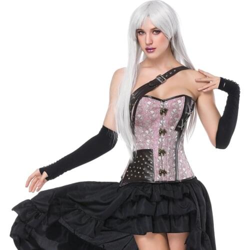 Corsets Steampunk And Bustiers Slimming Women Gothic Clothing Sexy Lingerie Armor Bustier With Shoulder Pink Steel Boned Corset