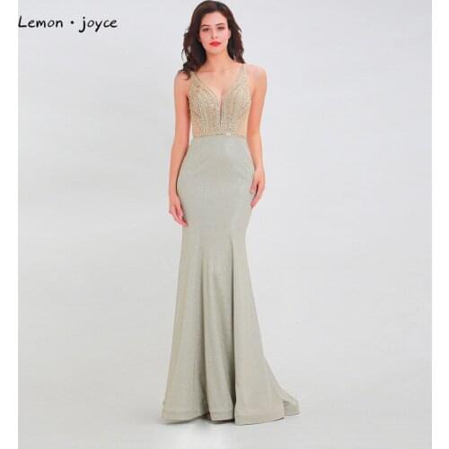 Lemon joyce Formal Evening Dresses Long 2020 V-neck Beading See-Through Floor Length Mermaid Lady Party prom Gown Plus Size