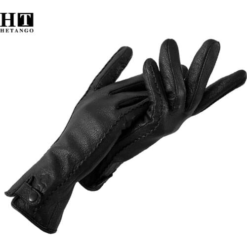 New Winter Women Gloves Leather Warm Soft Wear-Resistant Wool Lining Touch Screen Function Fashion Rivet Clasp Deerskin Gloves
