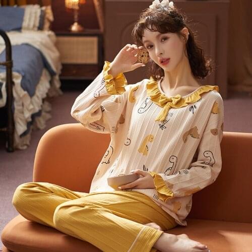 Autumn Winter Womens Sleepwear Vintage Elegant Yellow Ruffle Women Long Sleeve Home Suit Cute Little Dinosaur Cartoon Sleepwear