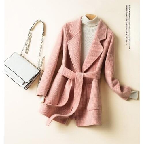 2021 New 100% Real Wool Coat Women Short Korean Style Fashion Coats Female Slim Plaid Outerwear Belt Clothes Veste Femme WPY4158