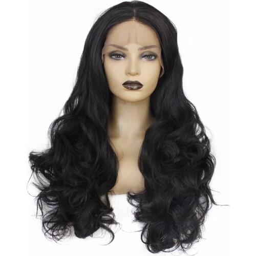 Natural Hairline Black Long Body Wave Synthetic Lace Front Wigs for Women Heat Resistant Glueless Wig with Baby Hair Middle Part
