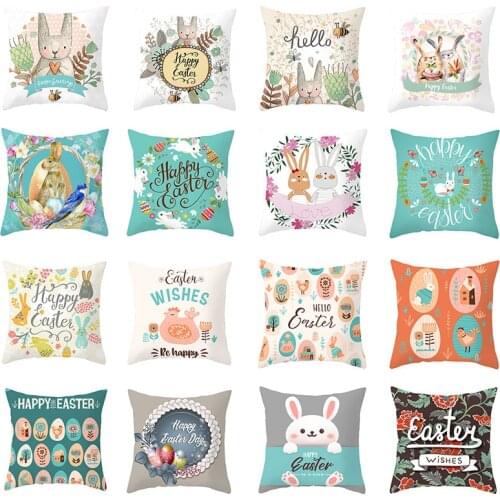 Easter Pillowcases Bunny Eggs With Flowers Printed Throw Pillow Cushion Covers Decorative Square For Sofa Bed Home Decor 45*45cm
