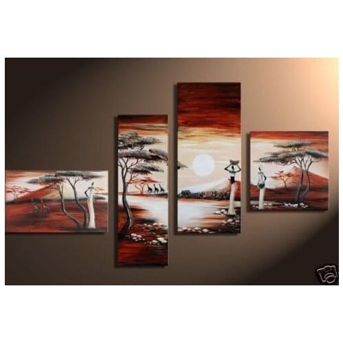 Hand-painted wall Colorful Africa autumn sunrise home decoration abstract Landscape oil painting on canvas 4pcs/set,mixorde