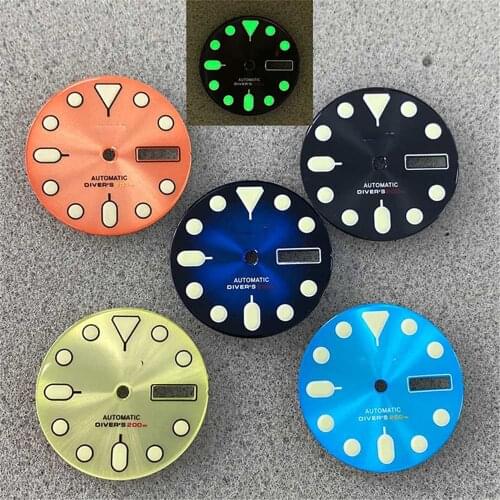 Super Green Luminous Watch Dial 28.5MM Dual Calendar Watch Dial for SKX007/009 for NH35/NH36/4R36 Movement (with S Logo)