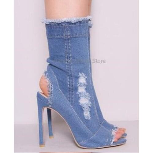 Light Blue White Black Wash Denim Jeans Booties Stiletto Heels Open Toe Retro Style Charming Denim Mid-calf Cut-out Short Boots