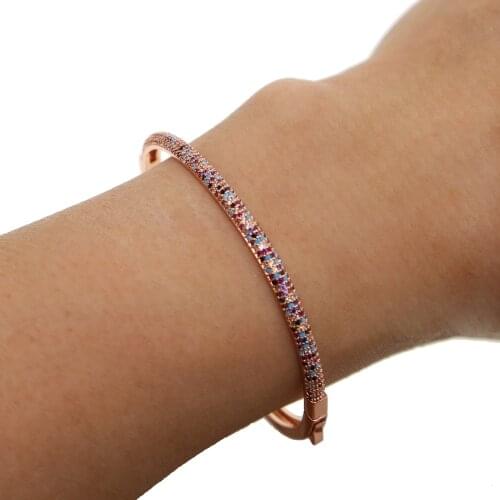 Luxury multi colored Top Quality Zircon Cuff Bangle For Women 18CM Size rose Gold Color Punk Bangles