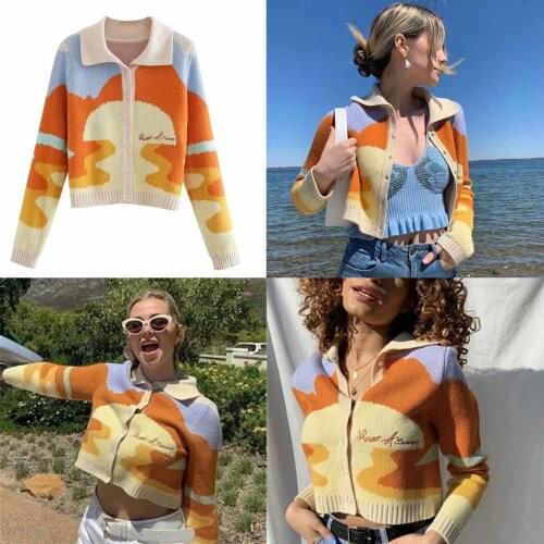 2021 Spring And Summer New Jacket WomenS Button Down Cardigan, Letter Embroidery Color Block Knit Lapel Tops