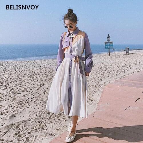 2021 New Autumn Pluse Sizewomen Shirt Dress Office Lady Patchwork Long Sleeve Sashes Button Ladies Maxi Dresses Work Robe