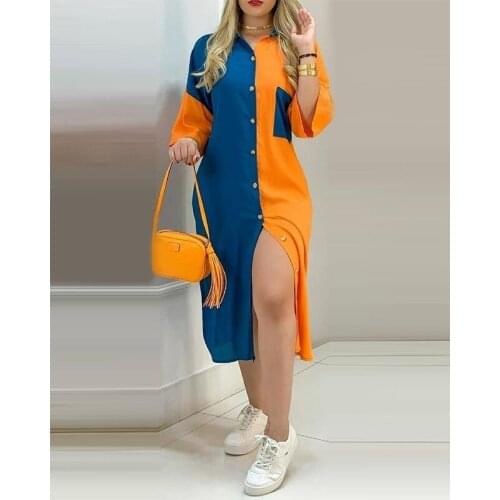 Shirt Style Button Women Fashion Casual Long Street Dress Large Size Loose Home Commuter Printed Contrast Splicing Temperament