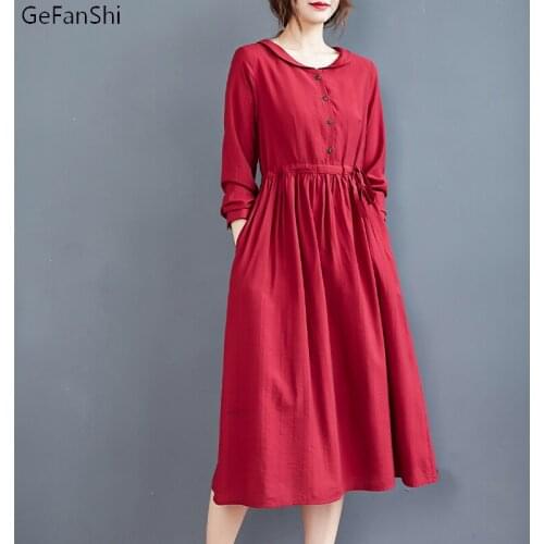 Autumn Winter Women Dress Vintage Solid Waist Drawstring Casual Loose Fashion Cotton Linen Long Sleeve Elegant Ladies Dresses