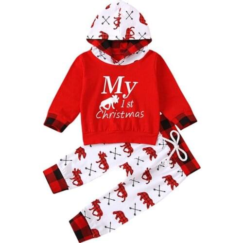 0-24M Christmas Newborn Baby Clothes Set Boy Girls My First Christmas Letter Prints Hooded Hoodie Pullover Long Pants Outfit