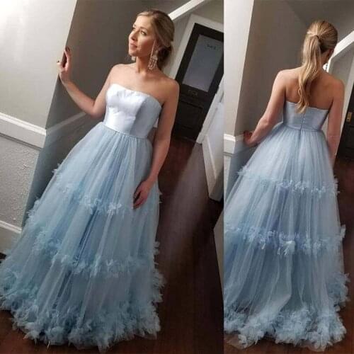 2021 Cheap Elegant Strapless Pale Blue Long Satin Tulle Evening Prom Dresses 2021 Princess Ball Gowns For Women