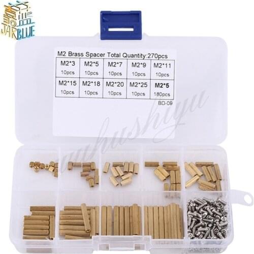 270Pcs/set Brass Round Standoff Spacer Female Female M2 Brass Threaded Spacer Kit