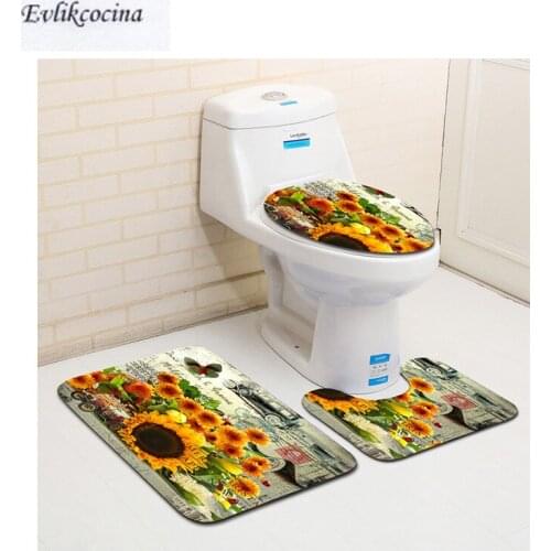 Free Shipping 3pcs Sun Flowers Banyo Bathroom Carpet Toilet U Type Bath Mats Set Non Slip Pad Tapis Salle De Bain Alfombra Bano