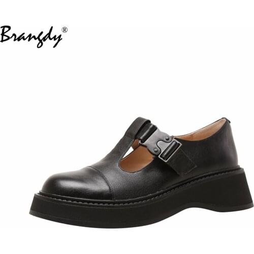 Brangdy 2022 Women Shoes Genuine Leather Lolita Wedges Women Marry Jane Shoes Metal Decoration Round Toe Ladies Shoes Platform