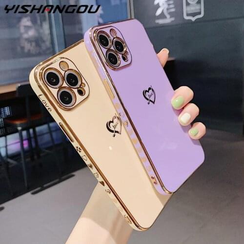 Side Hearts Plating Silicone Case For iPhone 12 11 Pro Max XR XS X 8 7 Plus SE 2020 Love Heart Shockproof Soft Cover