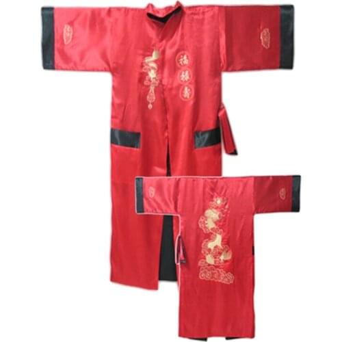 Robe Reversible Burgundy Black Chinese Mens Silk Satin Robes Two Side Nightgown Embroidery Dragon Kimono Bath Gown Kimono