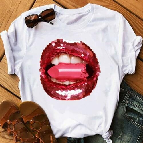 Kawaii Lipstick T Shirt Fashion Women T Shirt Graphic Tee Women Clothing Lips Makeup Art Summer Tops Female Cute T-shirts