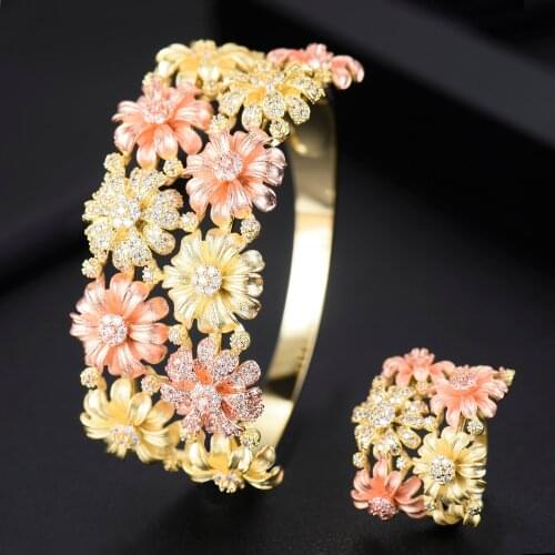 Kellybola Shiny Cubic Zirconia Paved Blooming Flowers Charm Bangle Ring Jewelry Set Bridal Wedding Anniversary Party Accessories
