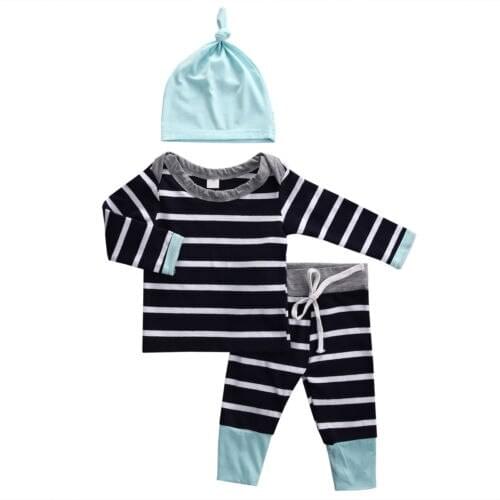 Newborn Baby Boys Girls Clothes Set Striped Tops T Shirt Pants Trousers Hat Outfit Kids Clothing 0-18 Months
