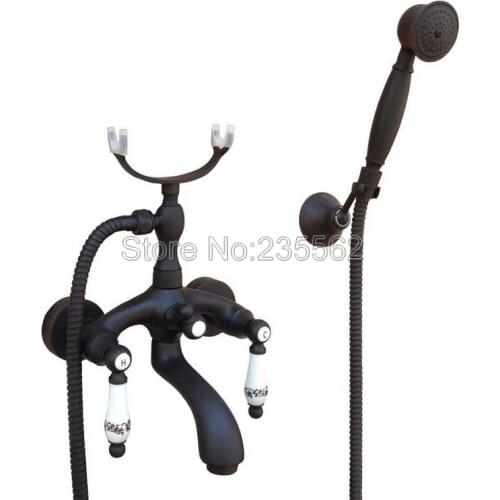 Black Oil Rubbed Wall Mounted Bathroom Shower Bathtub Faucet Set Dual Ceramic Handle Mixer Tap + Handheld Spray Shower ltf571