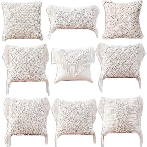 Tassels Cushion Cover Beige White Boho Pillow Cover With Tassels Handmade Square Home Boho Decor Macrame Pillowcase