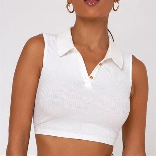 Multicolor Women Summer Sexy Buttons Knitted Tank Temperament Creative Camisole Lapel Solid Color Sleeveless Slim Fit Crop Top