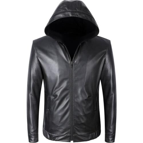 2021 Spring New Hooded Genuine Leather Fur Mens Sheepskin Casual Leather Jacket Simple Single Leather Man Coat Clothes