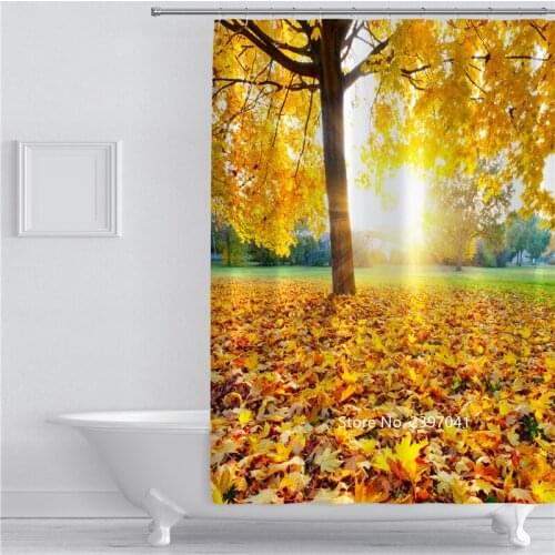 Autumn Deciduous Dusk Beautiful Scenery Forest Waterfall Mountain Range Shower Curtain Bathroom Waterproof and Mildew Proof