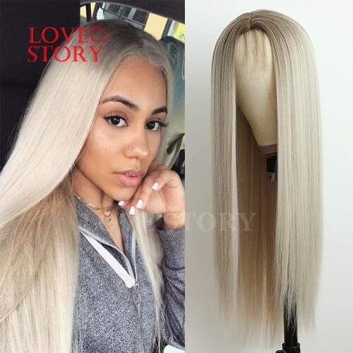 Lovestory Ombre Blonde Synthetic None Lace Wig Heat Resistant Middle Part Synthetic Replacement Hair Wigs