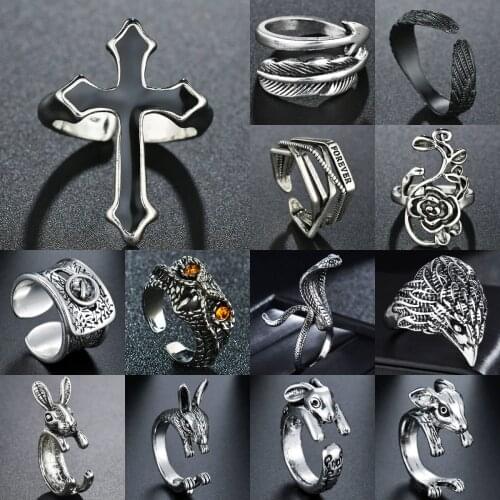 Adjustable Vintage Hippie Bunny Rings Chic Handmade Rabbit Animal Knuckles Rings for Women Girls/Cross/Eagle/Snake Rings