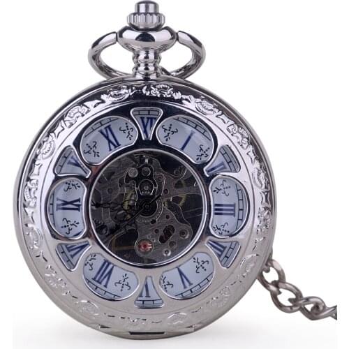Retro Silver Flower Hollow Mechanical Pocket Watch Steel Steampunk Unique Womens Mens FOB Chain Pocket Watches