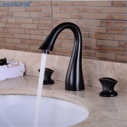 Bathroom Washbasin Sink Luxury Faucet Stream Water Deck Mount Black Mixer Crane Hot Cold Water Tap Dual Handle Triple Hole Taps