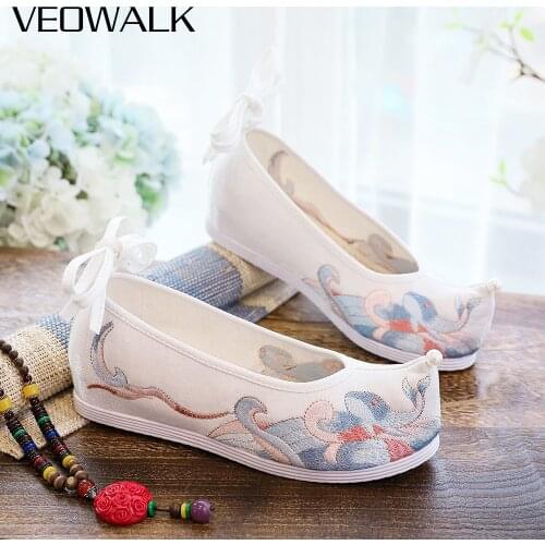 Veowalk Women Satin Canvas Hidden Platform Hanfu Shoes Vintage Chinese Style Comfortable Sneakers with Pearls White Red Blue