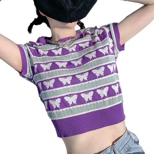 2021 New Women Summer T-Shirt Butterfly Print Round-Neck Short Sleeve Knitted Crop Tops for Girls Purple