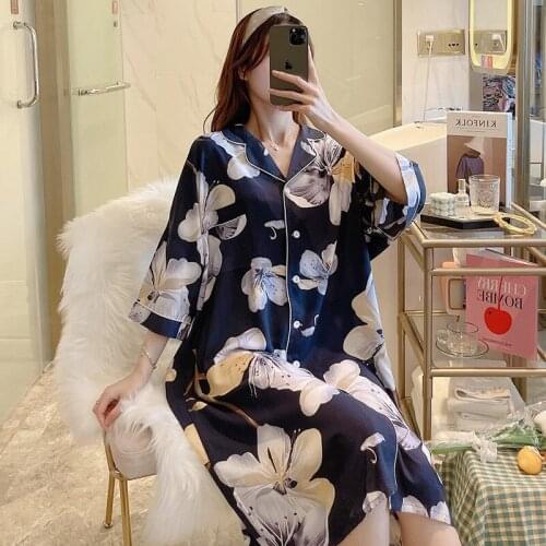 SLPBELY Women Nightdress Nightgown Spring Retro Flower Printed Lapel Nightshirt Lovely Half Sleeve Soft Loose Nightskrit Pyjamas