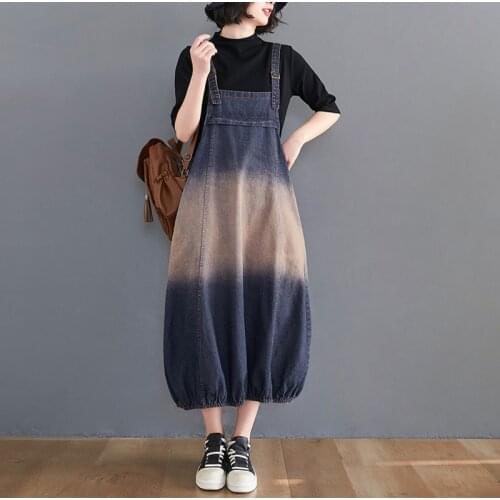 #2459 Gradient Color Denim Dress Women Sleeveless Jeans Dress Female Loose Casual Vintage Overalls Denim Dress Ladies Summer2021