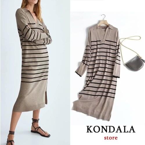 KONDALA Za 2021 Office Lady Knitted Sweater Dress Women Long Sleeve V Neck Vintage Striped Casual Female Dress Fashion Autumn