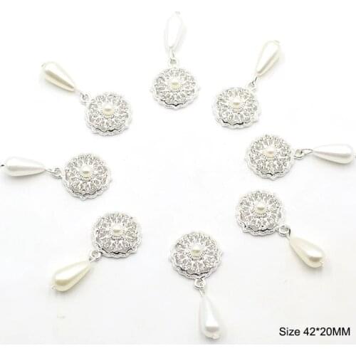 10Pcs New 42*20MM Alloy Rhinestone Flat Brooch Pearl Pendant Jewelry Accessories Wedding Invitation Holiday Creative Decoration