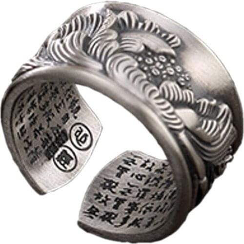 100% Real S999 pure silver ring peony flower heart sutra good luck retro personality frosted adjustable man and woman rings