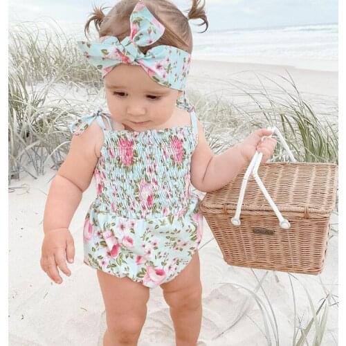2Pcs Princess Sweet Style Baby Girls Outfit Bodysuits Toddlers Summer Floral Printing Sleeveless Suspender Jumpsuit+Headwear Set
