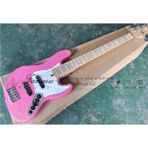5 string bass guitar,pink seliver particles bass,basswood body,maple neck,shell pickguard,24 frets,active battery
