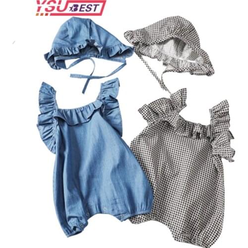 Summer Baby Girls Denim Bodysuits Grid Baby Clothing Hat Sleeveless Baby Bodysuits Lotus leaf Style Baby Toddler Grils Outfit