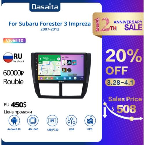 Dasaita Android 10.0 Car Radio 9" IPS Screen for Subaru Forester WRX 2008 2009 2010 2011 2012 Bluetooth MP3 GPS Navigator