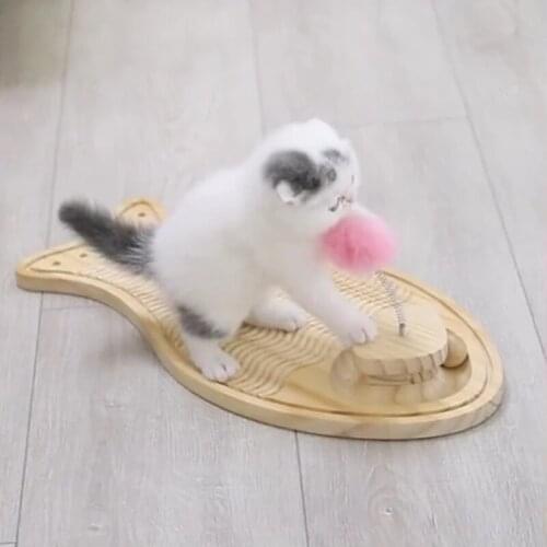 Wood Cat Toys Pet Scratch Board Interactive Ball Toys Funny Cat Stick Durable Functional Fish Shape Cat Game Toys